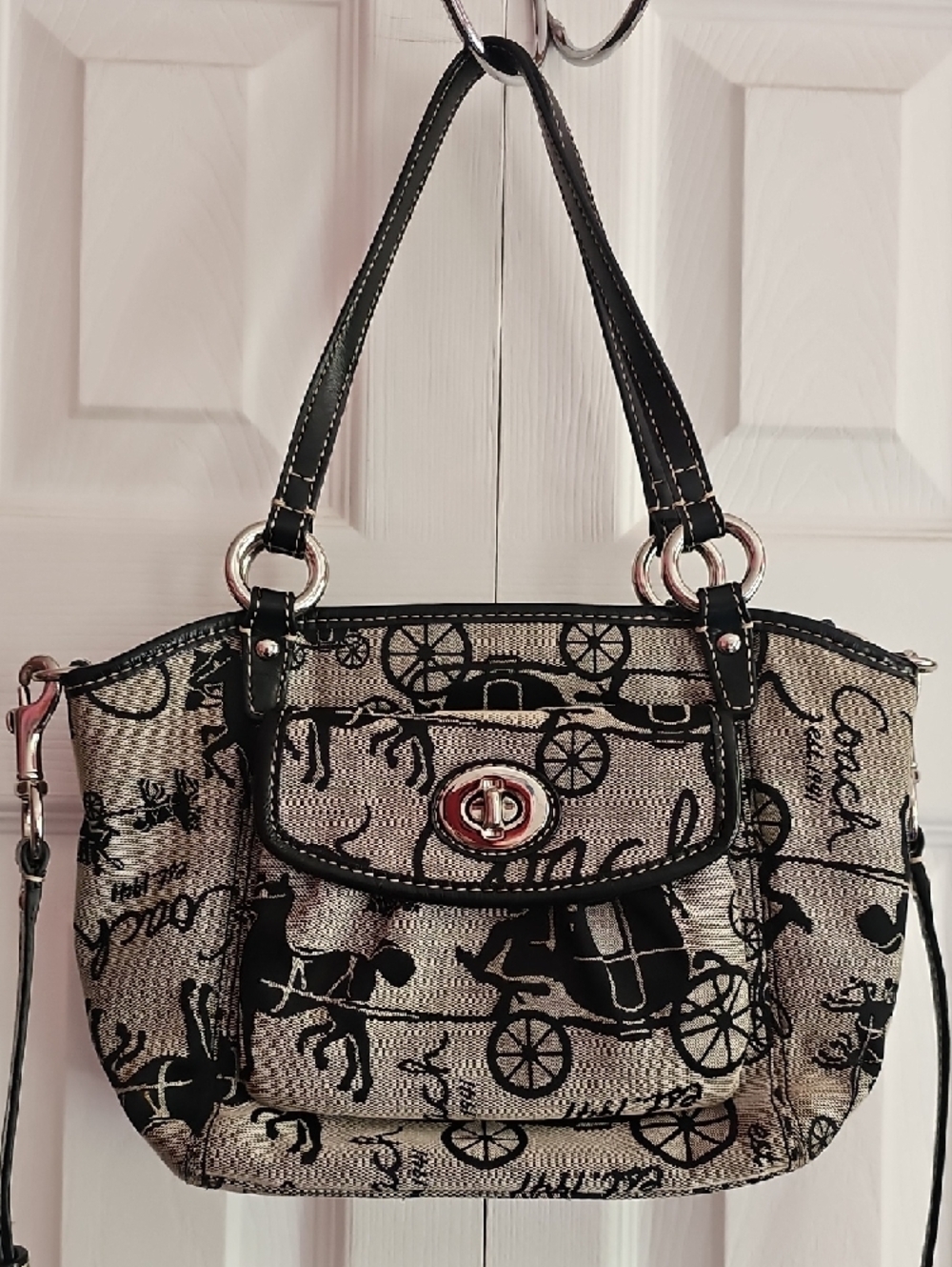 Coach Beige and Black Script & Carriage Shoulder Bag - Picture 2 of 12